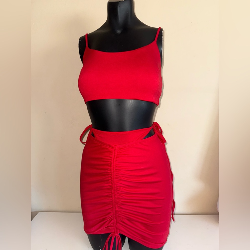 Fashion Nova Red Ruched Mini Skirt Set